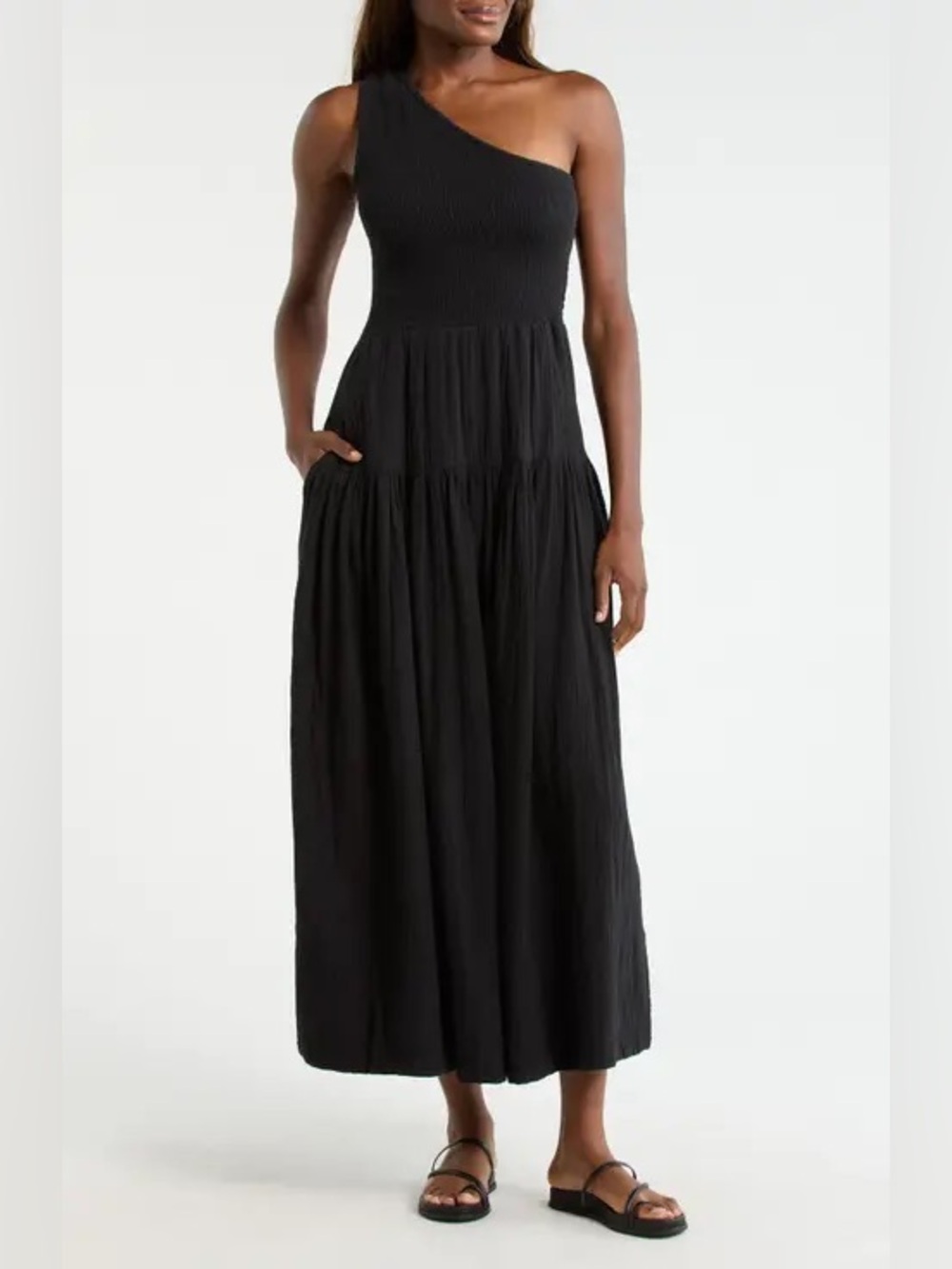 NWT, Ret. $84, Elan Smocked Tiered One-Shoulder Maxi Dress (Black) | MEDIUM